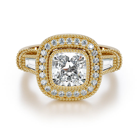 Cushion Cut Halo Design with Baguette and Brilliant Cut Shoulders Stones with Millgrain